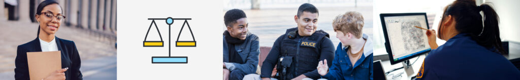 Women wearing a black suit, illustration of a scale, police officers and women looking to a finger print