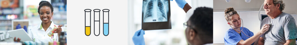 Girl smiling to the camera, illustration of test tubes, men looking at a radiography and a nurse working image