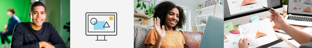 Women taking an online class, computer screen illustration, graphics on a computer, student with a black t shirt