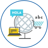 Globe, laptop, bubble chat icon